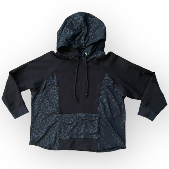 Women’s athletic leopard print jersey knit pullover hoodie size L black lounge - Picture 1 of 3